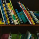 Vibrant array of children's books neatly organized on wooden shelves, ideal for education themes.